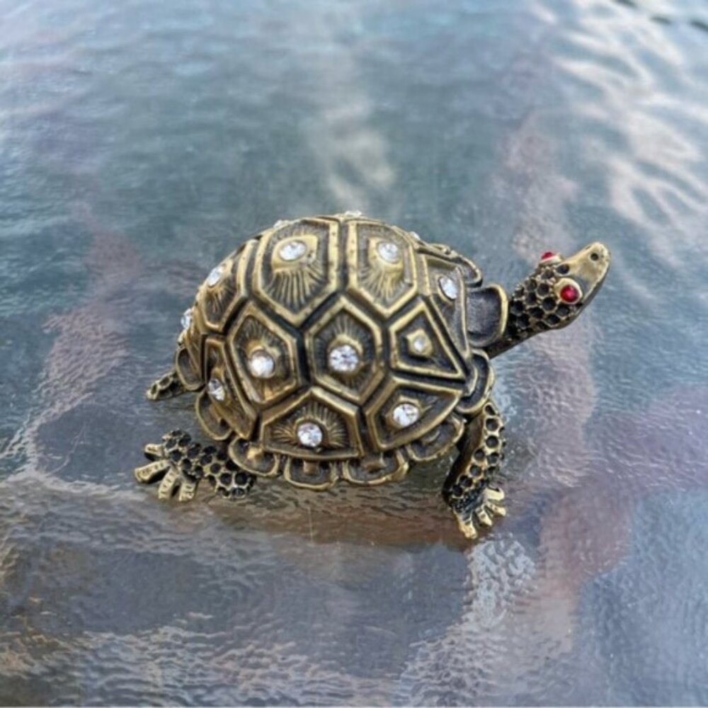 Metal Turtle Trinket Box with Crystals & Marbled Enamel Lined